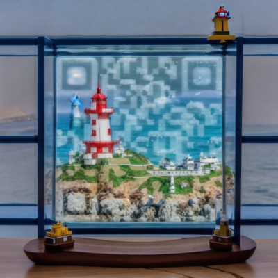 A detailed model ship inside a glass bottle, positioned on a shelf with a backdrop of the ocean and a distant lighthouse.