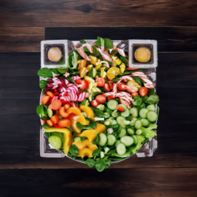 Bowl full of vegetables, fruits and orange juice, with some fresh salad leaves and sweets in the background.