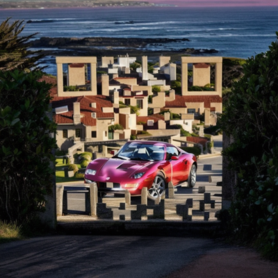 Classic red sports car parked on a scenic coastal road, with the ocean and a beautiful sunset in the background.