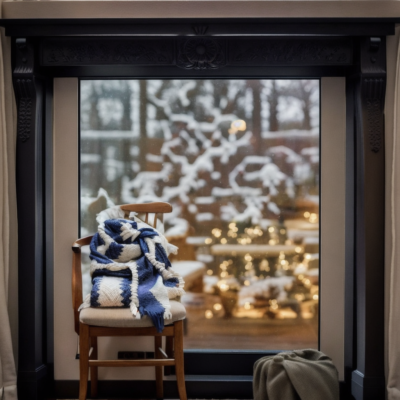 Cozy, woolen knitted scarf draped over a chair, with a softly blurred background of a warm, inviting fireplace and a window showing snow outside.