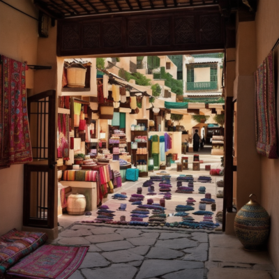 Traditional Arabian souk at sunset, with narrow alleys filled with spices, textiles, and handcrafted wares, and the air filled with the scent of incense.