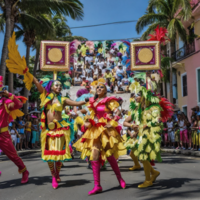 Vibrant Caribbean carnival parade, with dancers in colorful costumes, musicians playing lively rhythms, and spectators cheering along the sunlit streets.